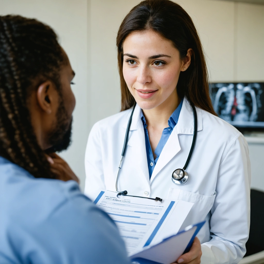 Woman medical professional discussing a care plan with an adult patient