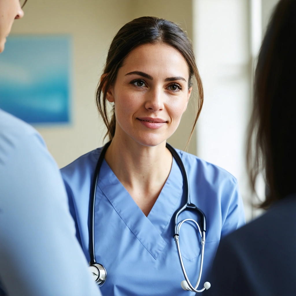 Female healthcare provider discussing with adult patient during follow-up visit