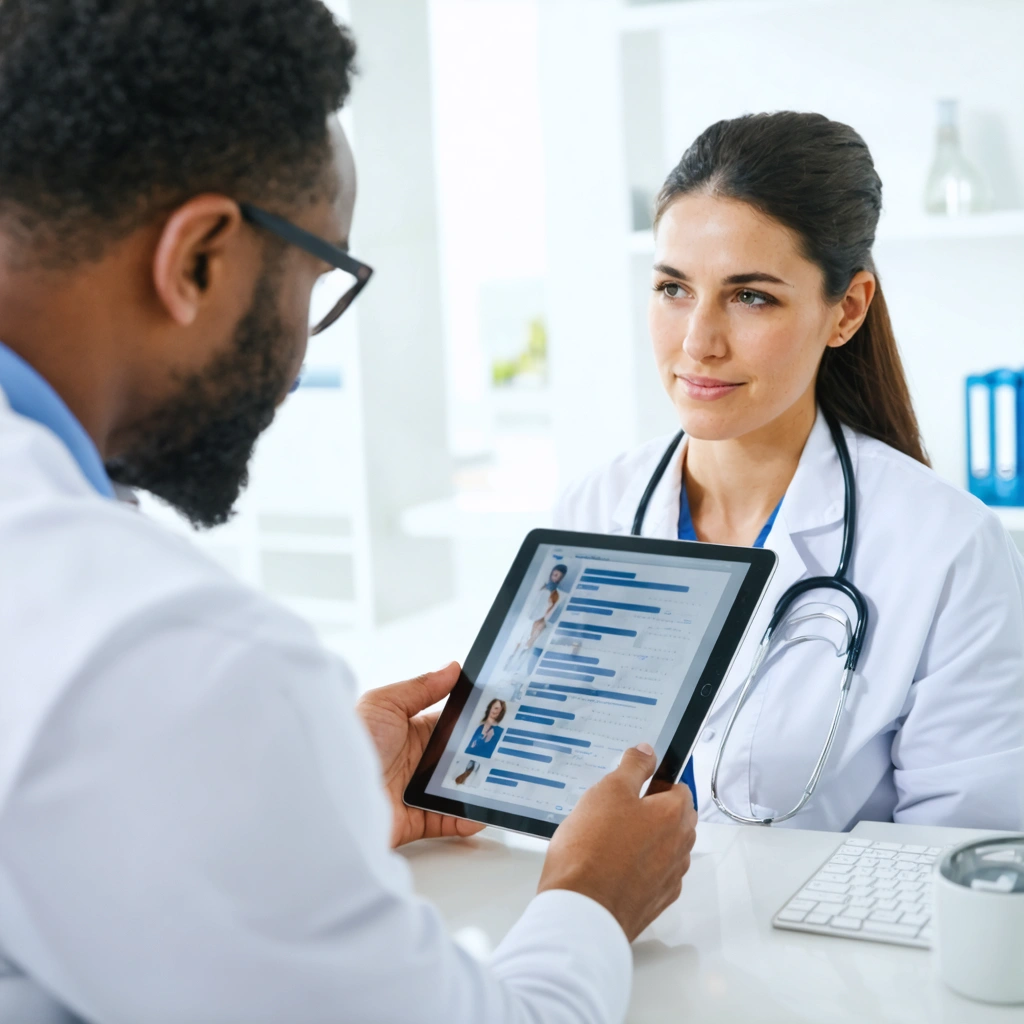 Doctor discussing health plan with patient on tablet in clinic