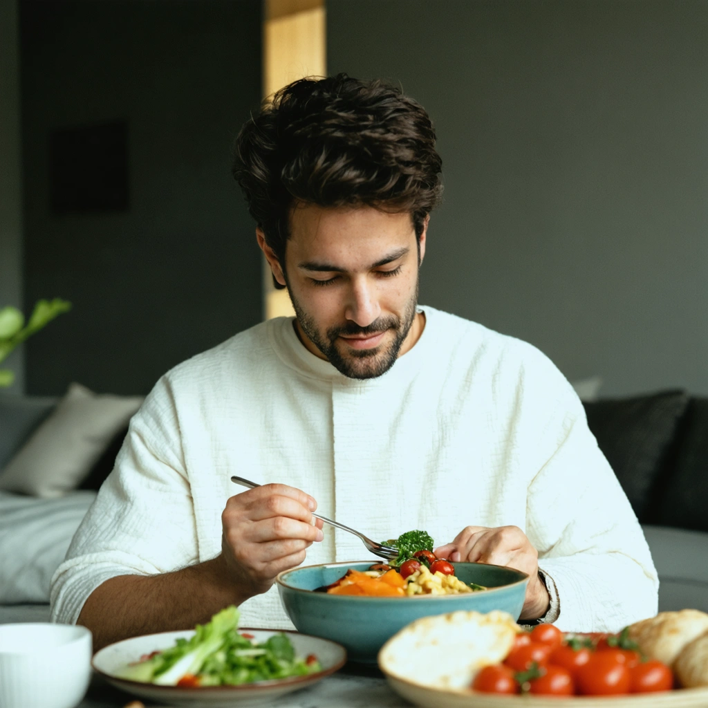 Adult enjoying a balanced meal in a relaxed home setting