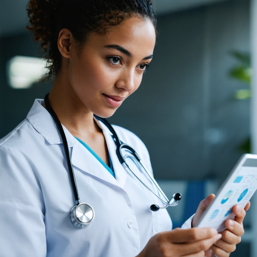 Female medical professional reviewing patient chart in a clinic