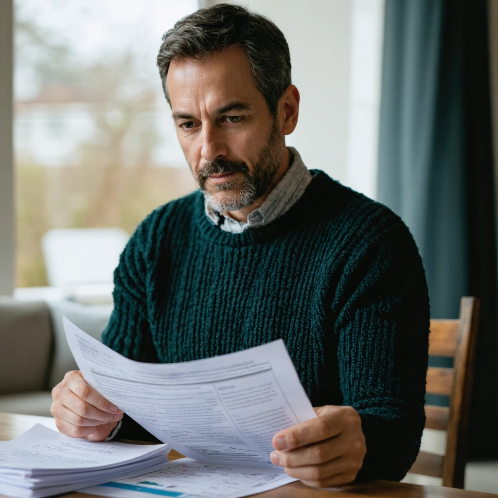 Adult reviewing paperwork at home in natural light