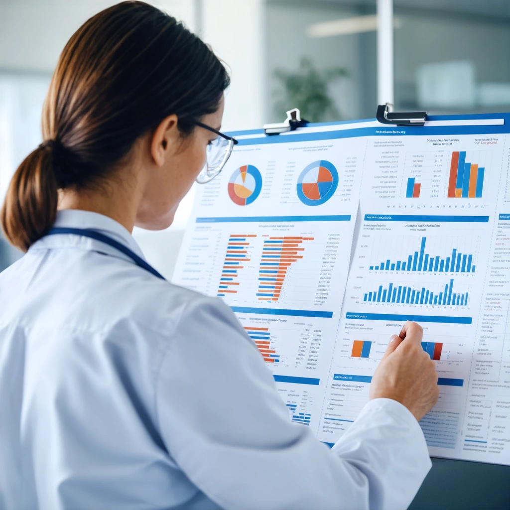 Healthcare professional reviewing health outcome charts in a clinical office