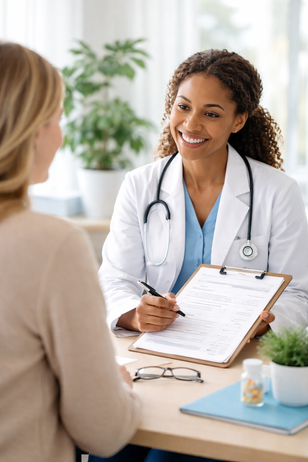 Physician assistant showing a new patient questionnaire