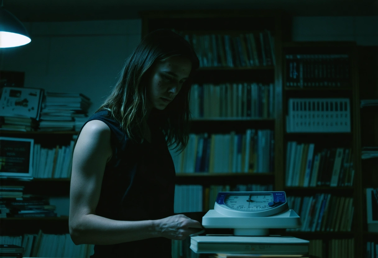 Individual looking at scale surrounded by diet books