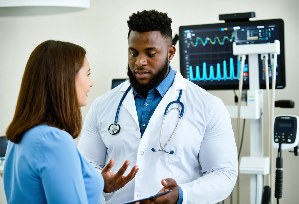 A doctor and patient discuss weight loss progress in a modern clinic. The room is
