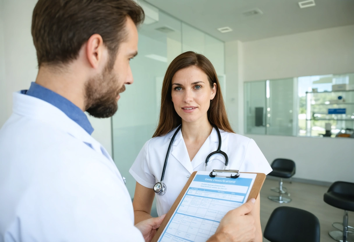 Doctor and patient discussing weight loss plan in modern clinic, fostering a supportive atmosphere.