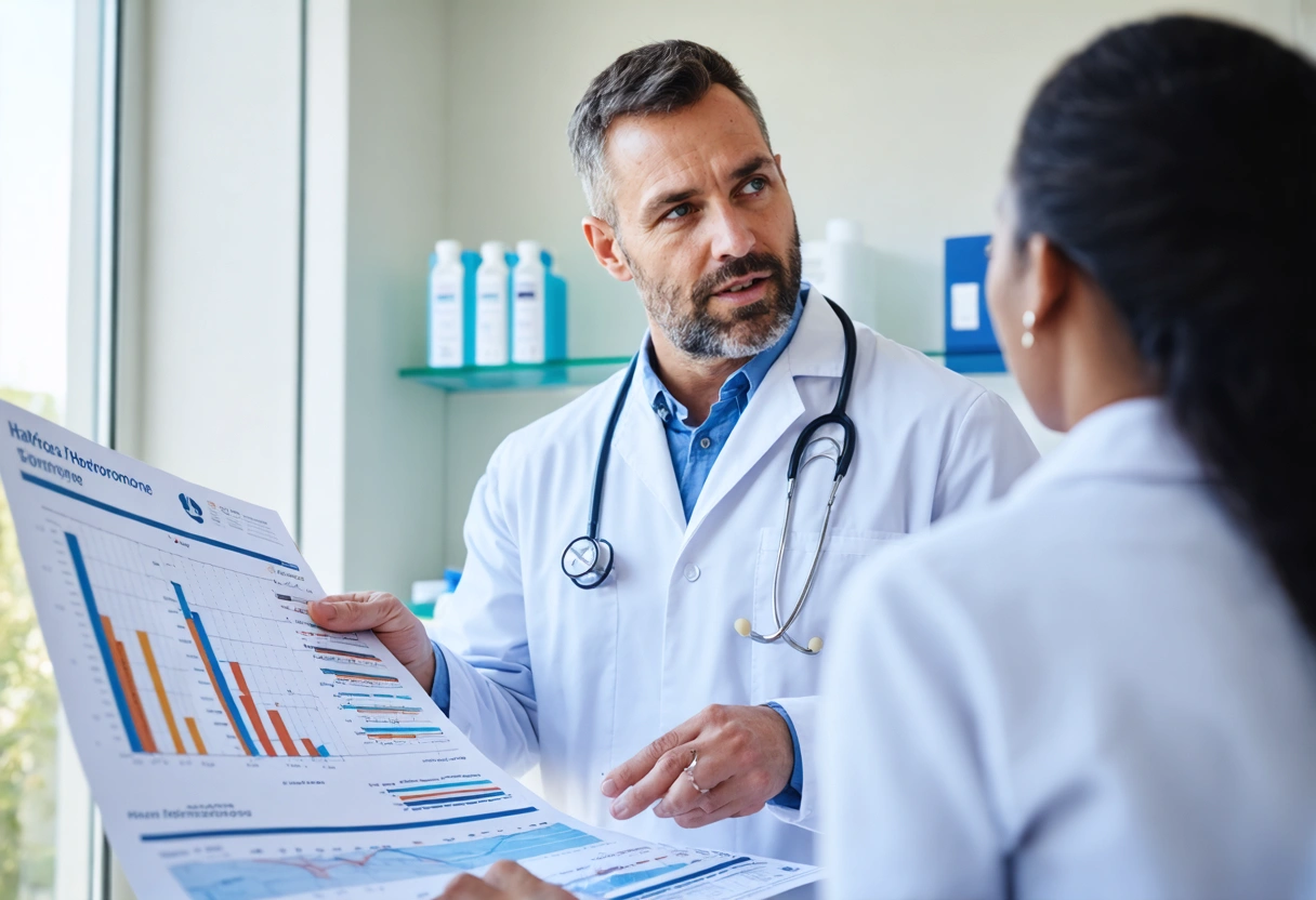 Doctor explaining hormone charts to attentive patient