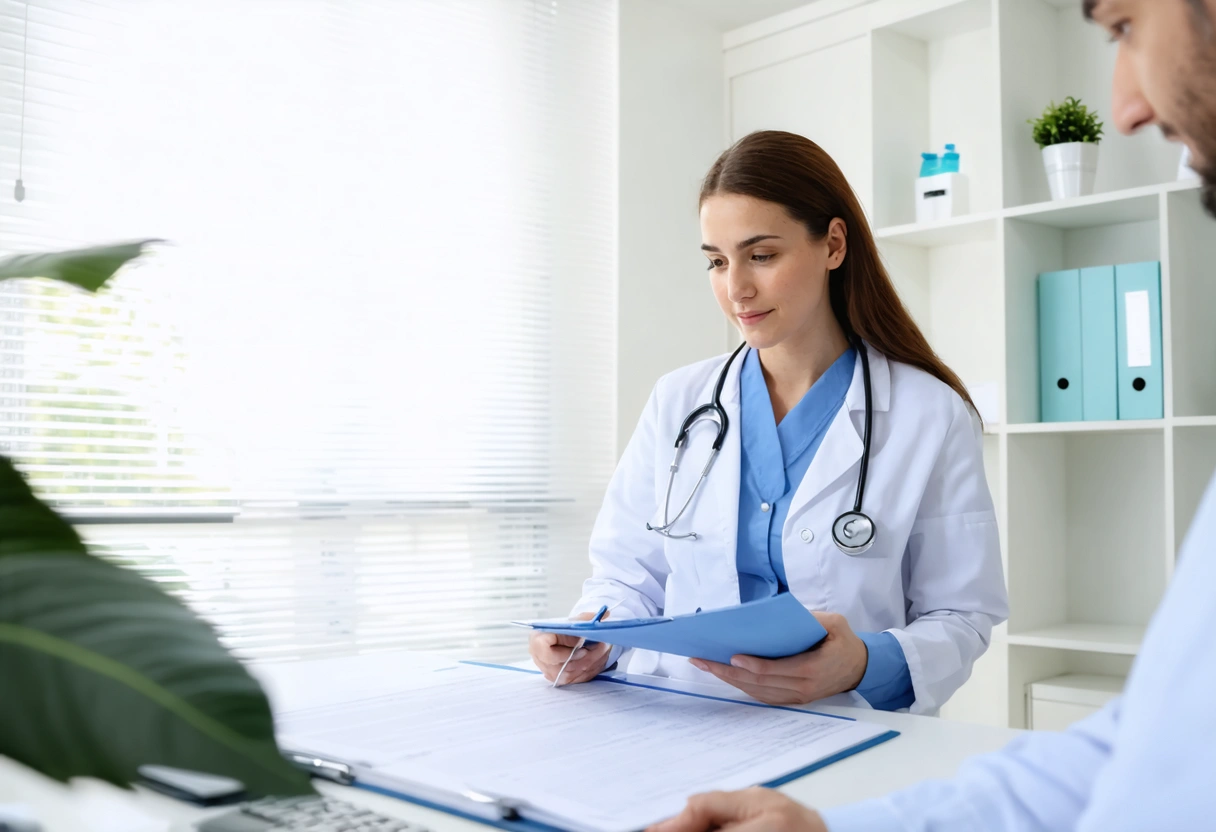 Doctor reviewing medical history with patient in clinical setting