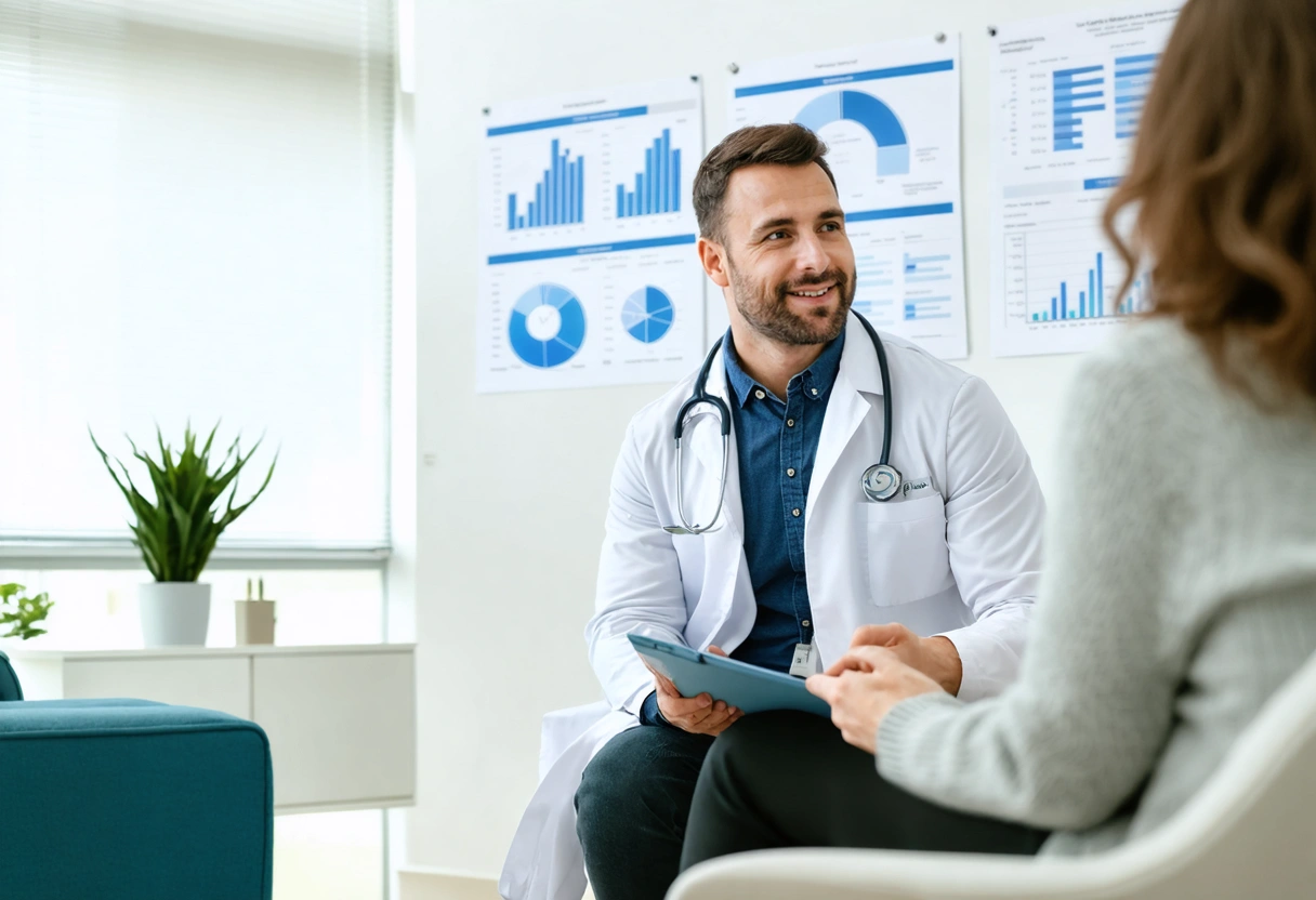 Healthcare professional advising patient on weight loss in a bright, modern clinic setting.