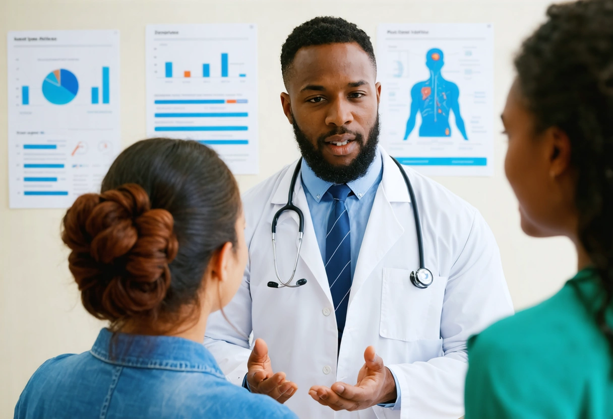 Nutritionist explaining healthy eating habits using food chart