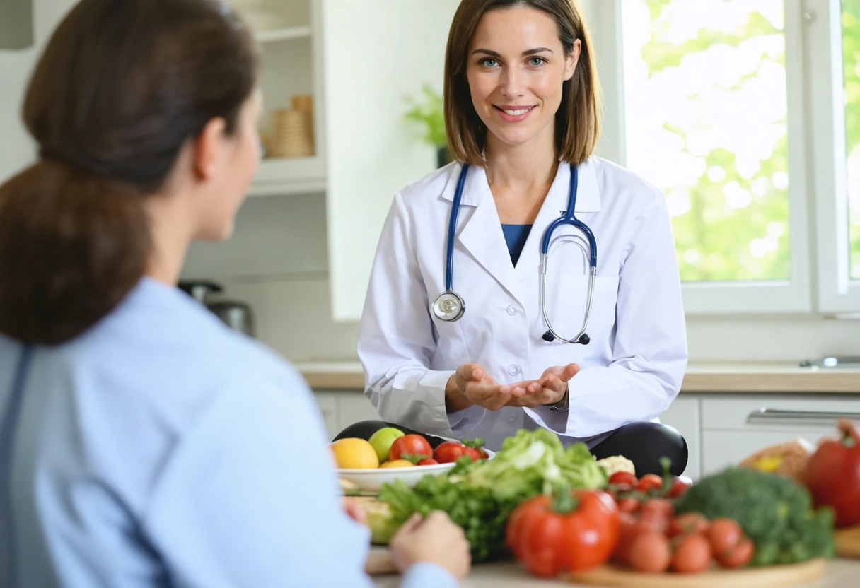 A nutritionist explains mindful eating to a patient in a cozy, well-lit clinic. The setting