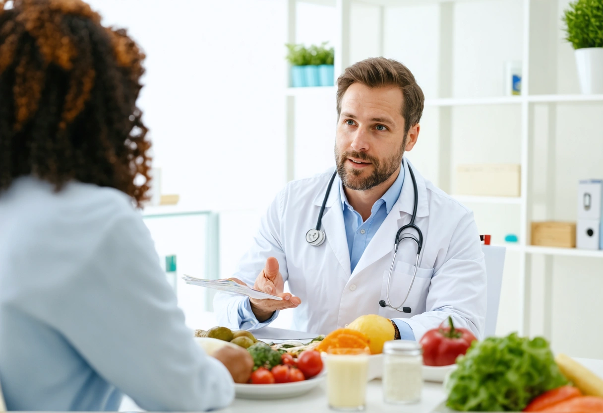 A nutritionist in a clinic setting discusses a personalized meal plan with a patient. The