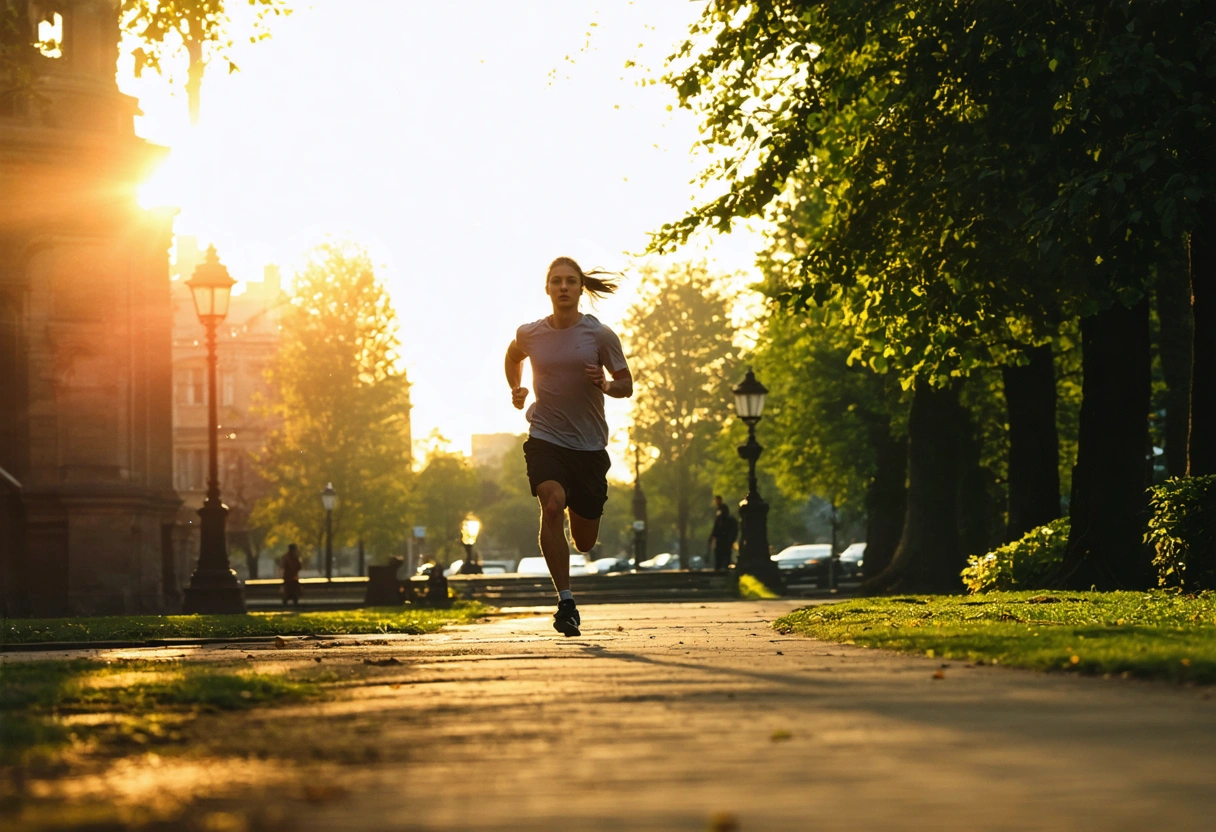 Person jogging in park at sunset, symbolizing lifestyle changes