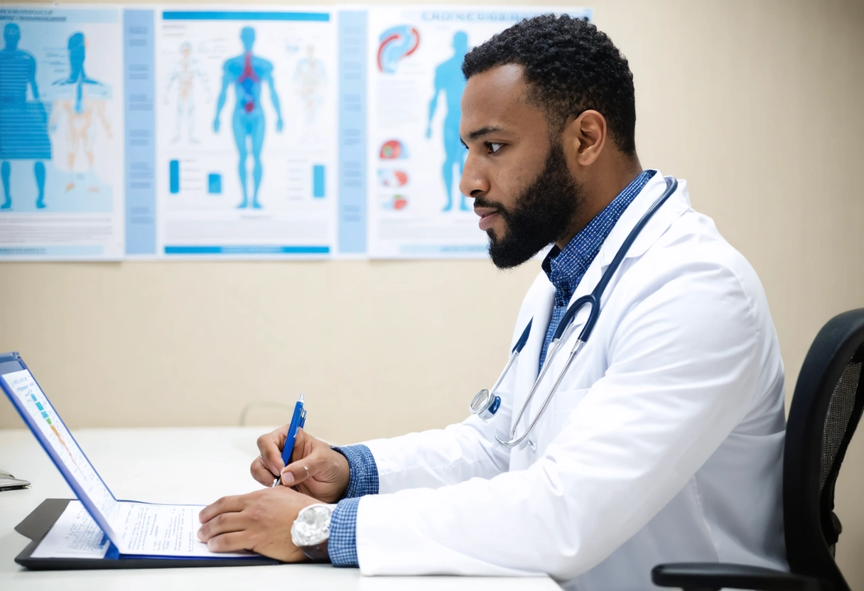 a-physician-in-a-white-coat-lkEC0p.webp Physician reviews patient's health chart in a well-lit, professional medical office.