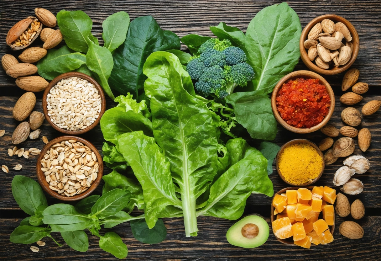 A colorful spread of nutrient-dense foods like leafy greens, whole grains, and nuts on a
