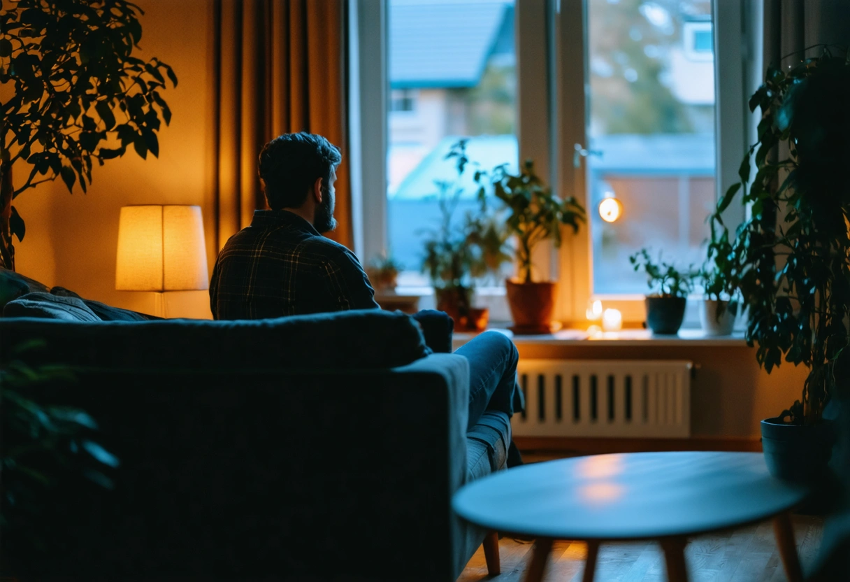 A cozy therapy room with a person sitting on a couch, engaged in conversation with