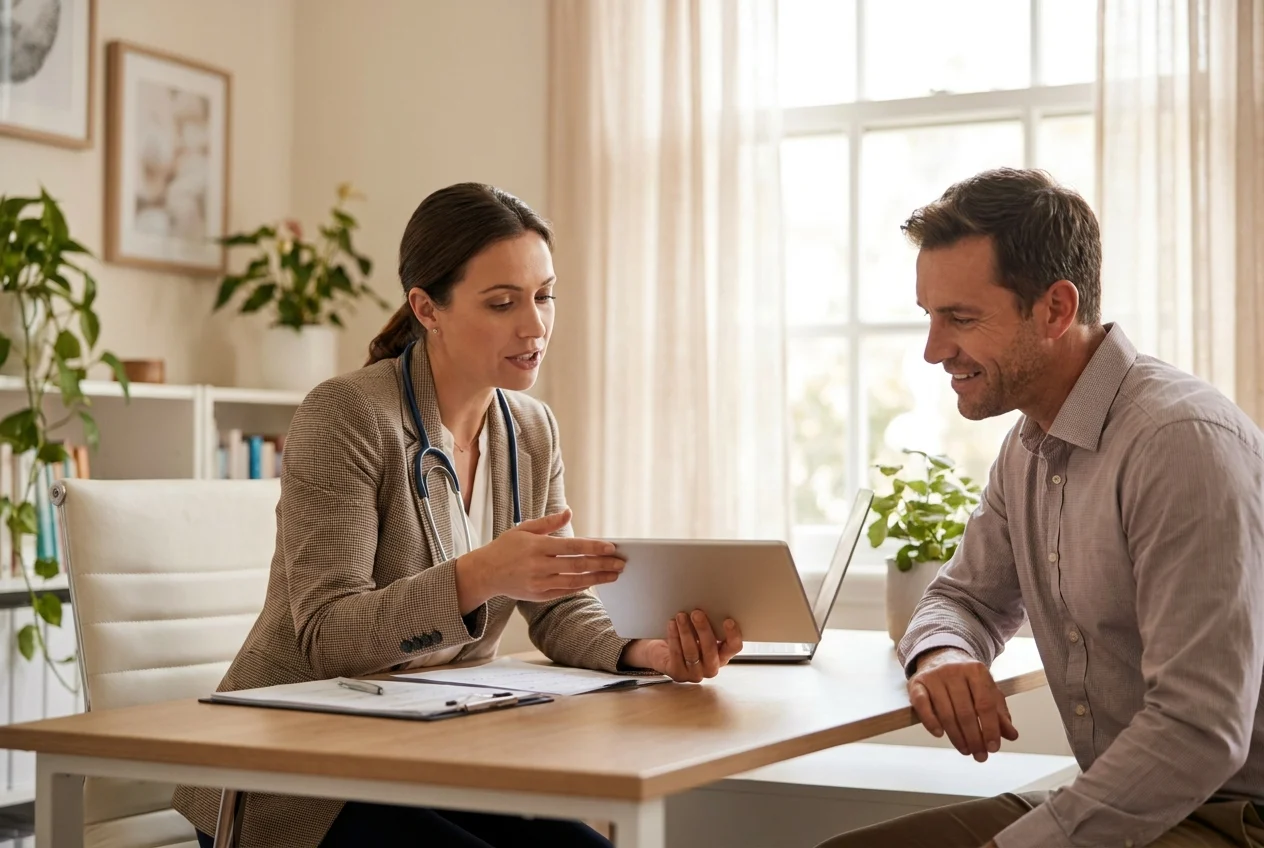 Doctor discussing weight loss strategies with patient in bright office