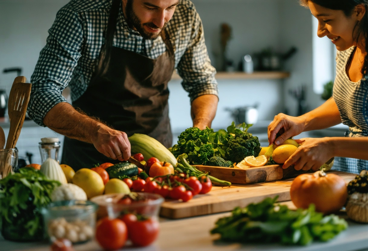 A family preparing a meal together with fresh fruits and vegetables, diverse ingredients, warm kitchen