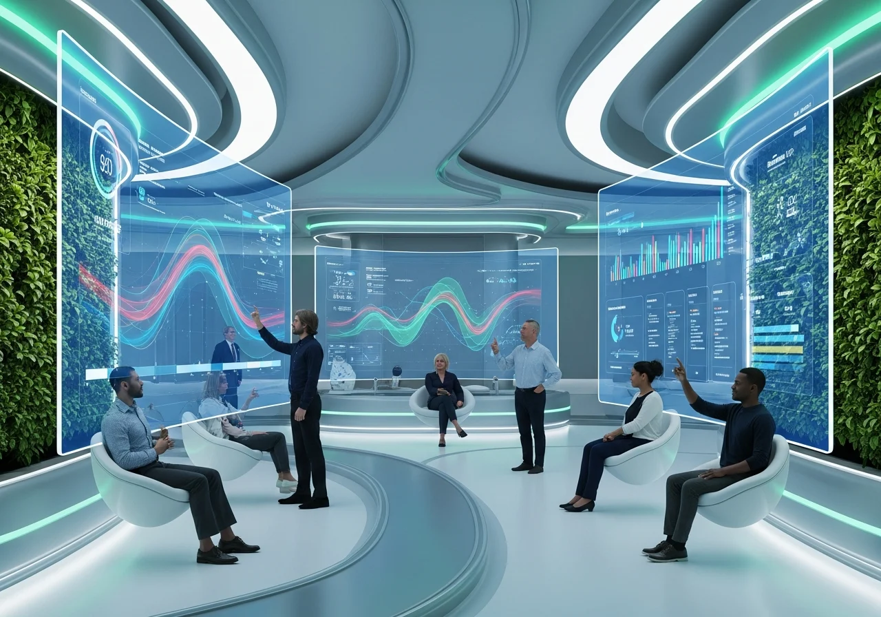 A futuristic clinic with digital interfaces showing personalized weight loss plans. The setting is advanced