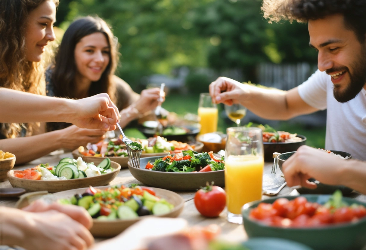A group of friends sharing a healthy meal outdoors, diverse dishes, sunny day, supportive and