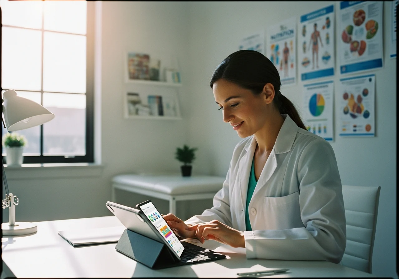A nutritionist analyzing a patient's health data on a tablet in a clinic. The room