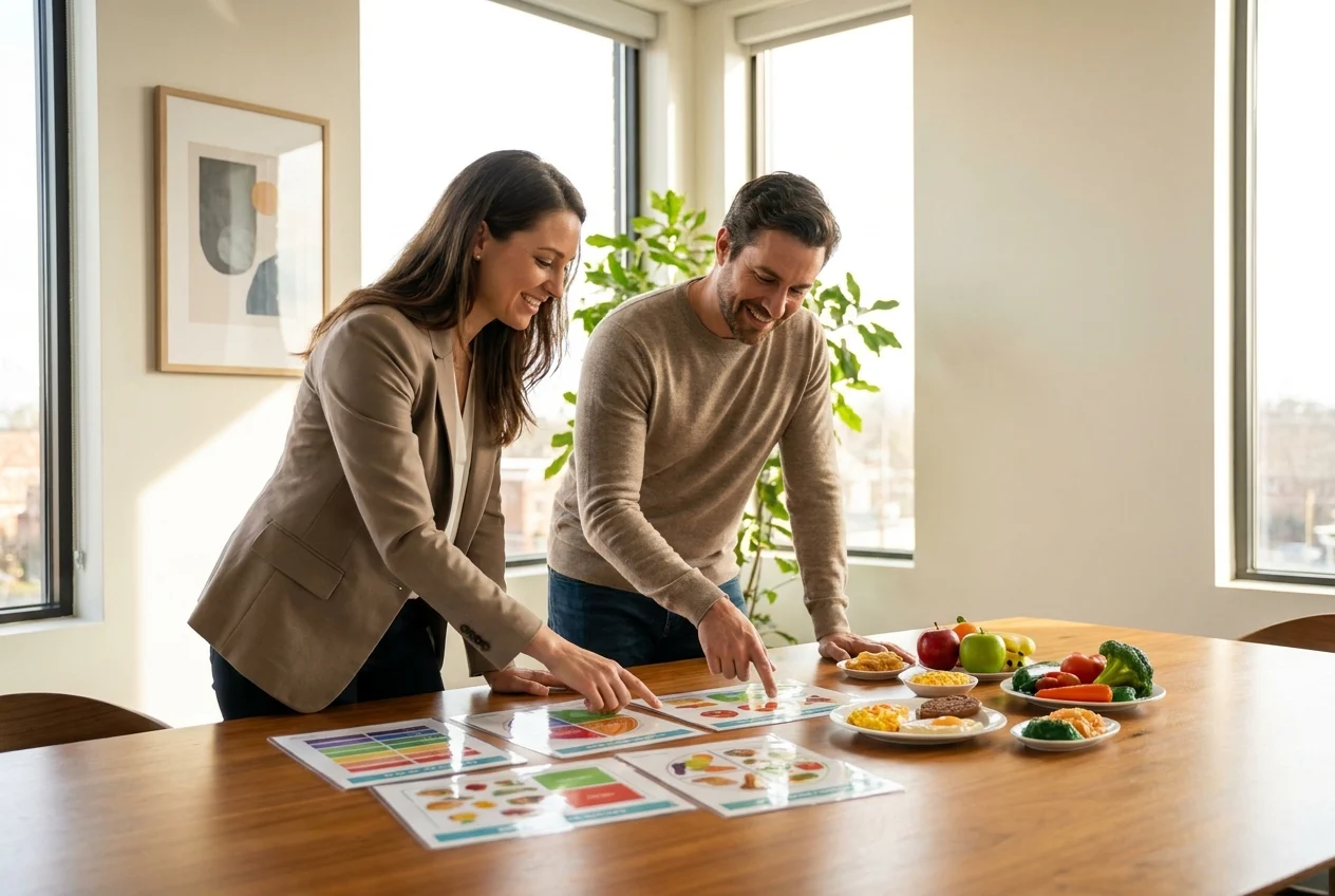 Nutritionist and patient discussing meal plans with charts and models