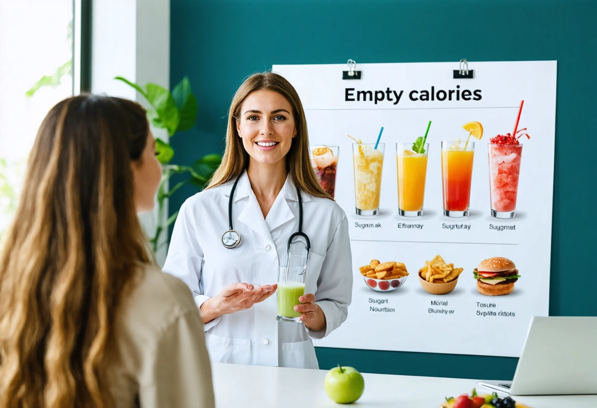 a-nutritionist-explaining-empty-calories-to-EYDWc0.webp Nutritionist discusses empty calories with patient, featuring charts of sugary drinks and snacks.
