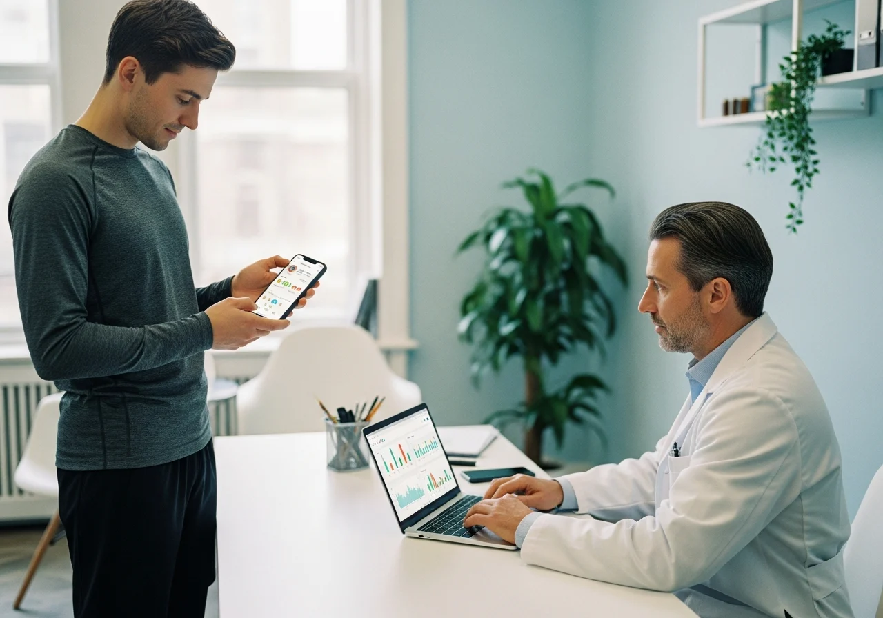 Patient using fitness app, doctor analyzing data in modern clinic