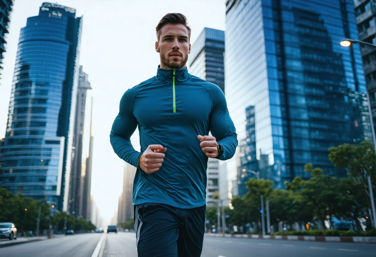 A person checking their fitness tracker while jogging in a modern cityscape, with skyscrapers and