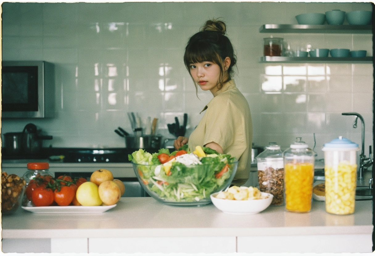 A person choosing between a healthy salad and a sugary snack in a modern kitchen,