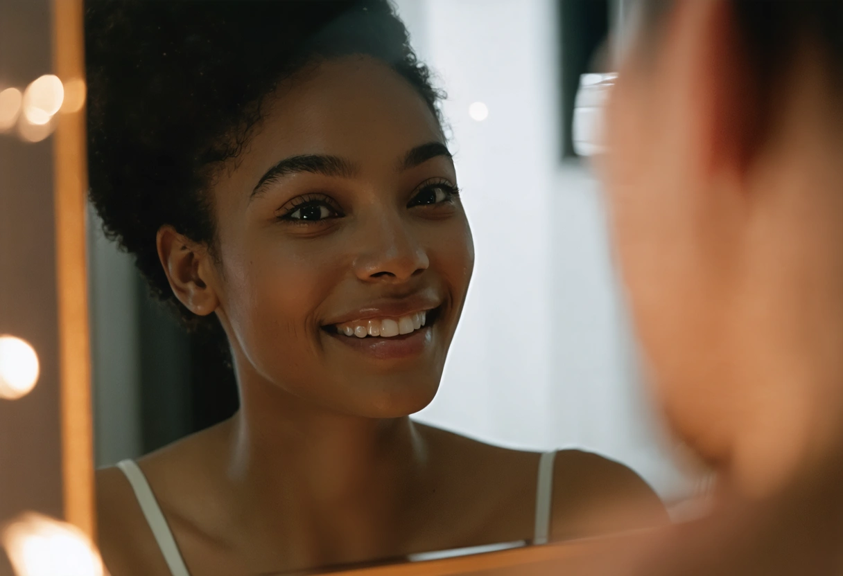 A person looking into a mirror with a confident smile, surrounded by soft, warm lighting.