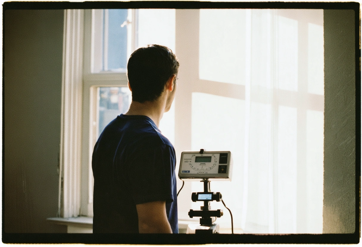 Person on scale in sunlit room, displaying satisfaction and transformative weight loss moment.