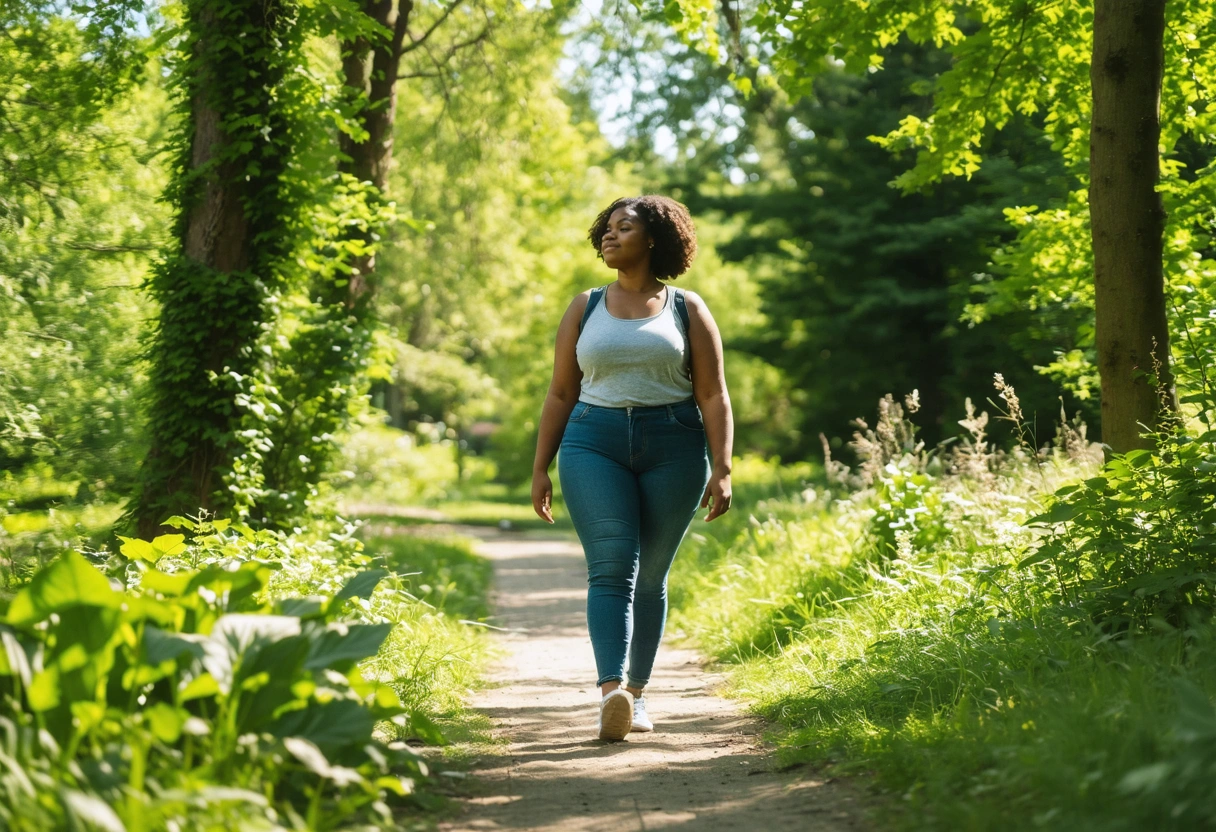A person walking confidently through a serene park, surrounded by lush greenery and sunlight. The