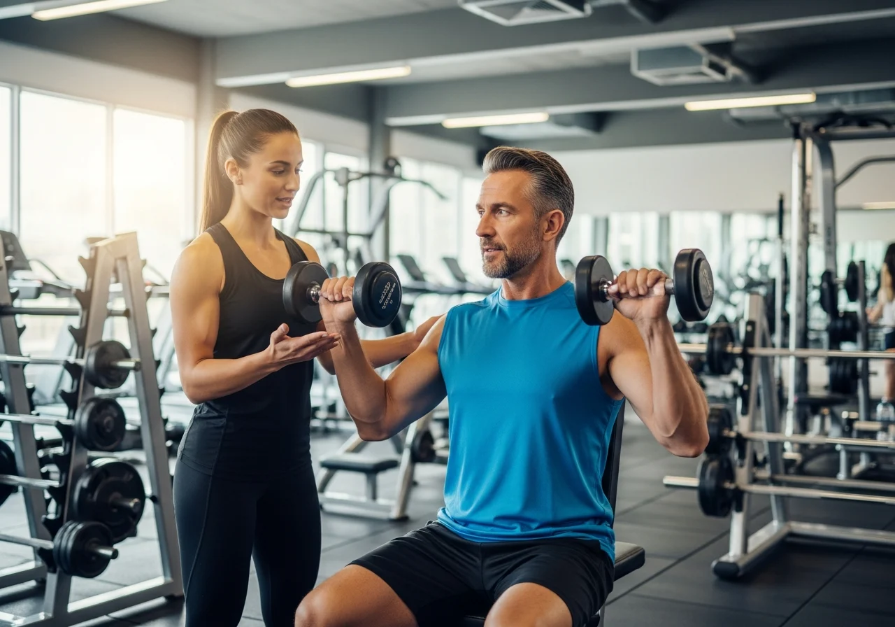 A personal trainer guiding a client through exercises in a gym. The setting is energetic