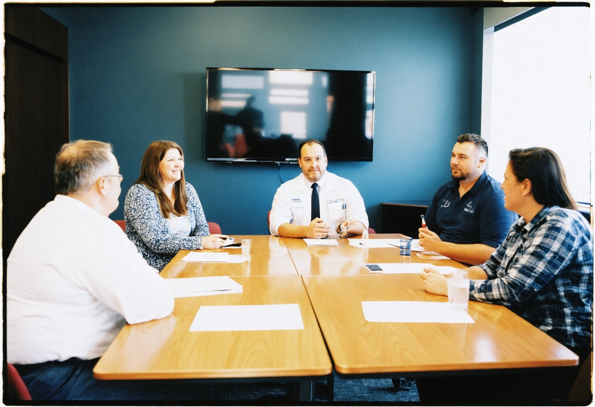 A team of healthcare professionals in a meeting room, discussing the latest weight loss research.