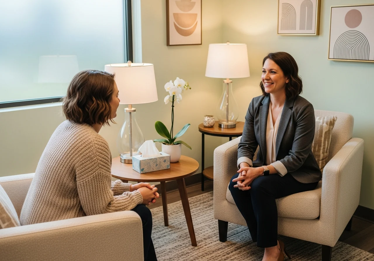 A therapist and client in a cozy counseling room, discussing psychological aspects of weight loss.