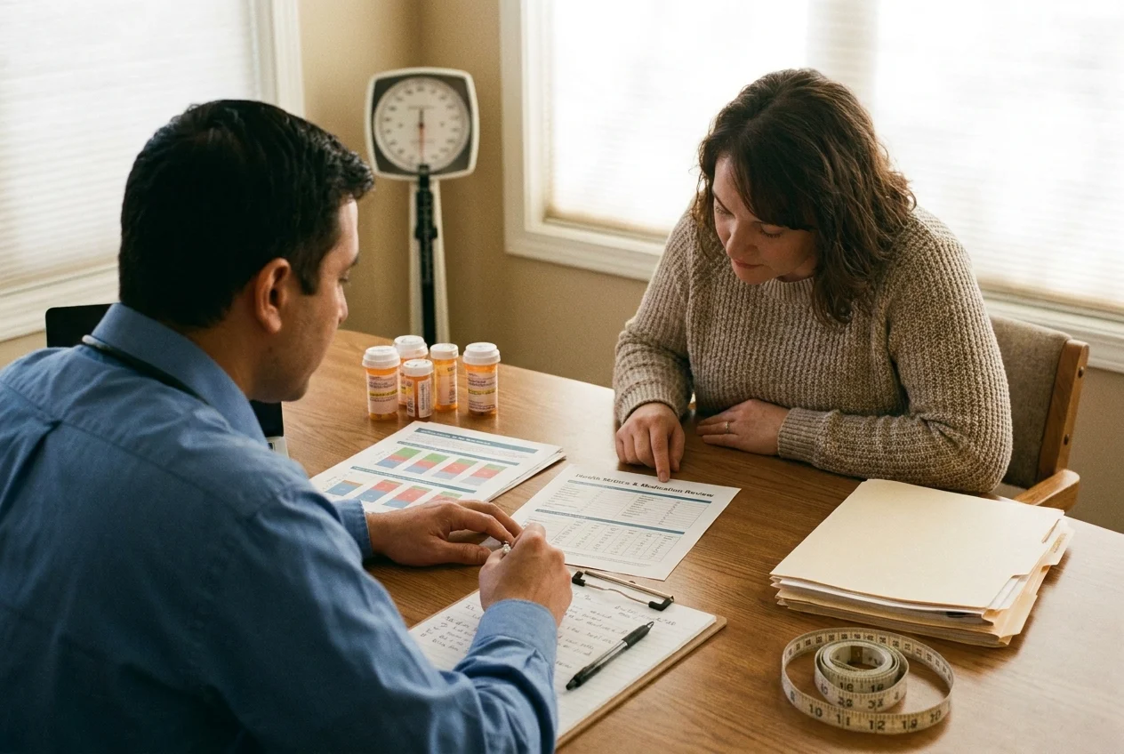 Clinician and patient reviewing health metrics and medication options at a table