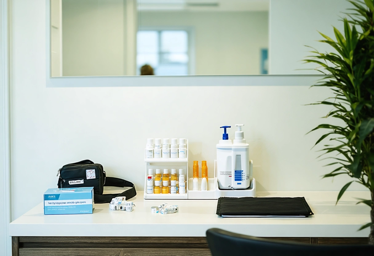 Tidy clinic workspace with medical tools and an open chair