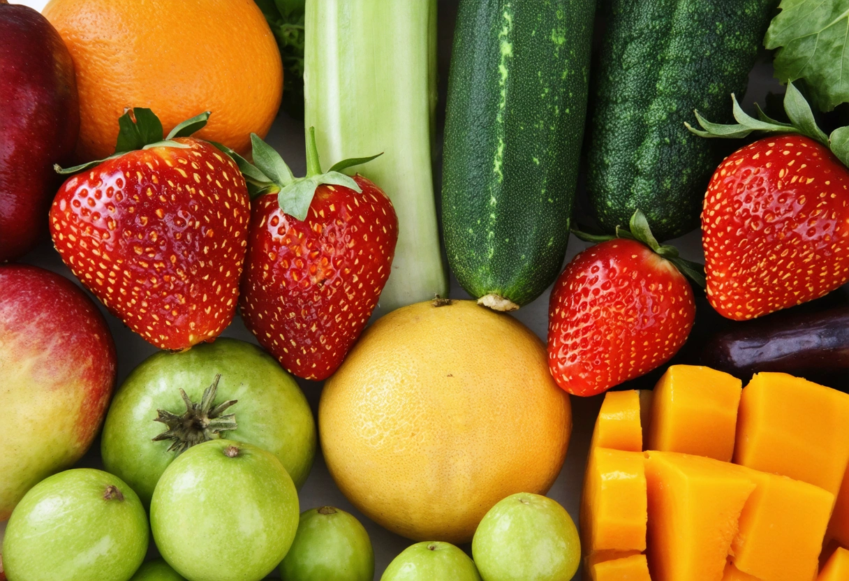 Close-up of a variety of colorful fruits and vegetables rich in micronutrients, vibrant colors, natural