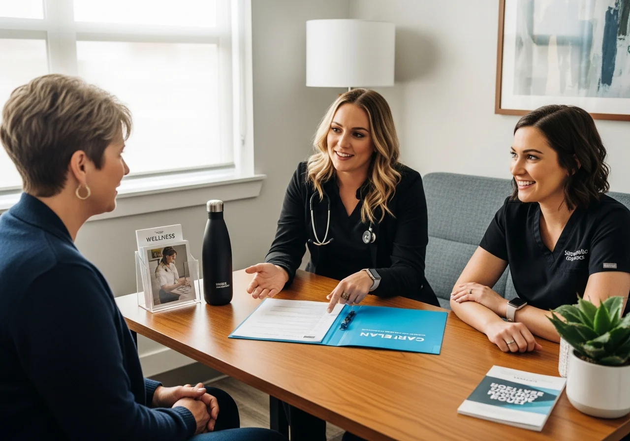 Clinic team meeting with patient reviewing care plan in consultation room