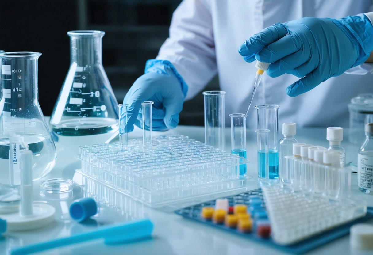 Clinicians discussing research in a modern lab-meets-clinic setting