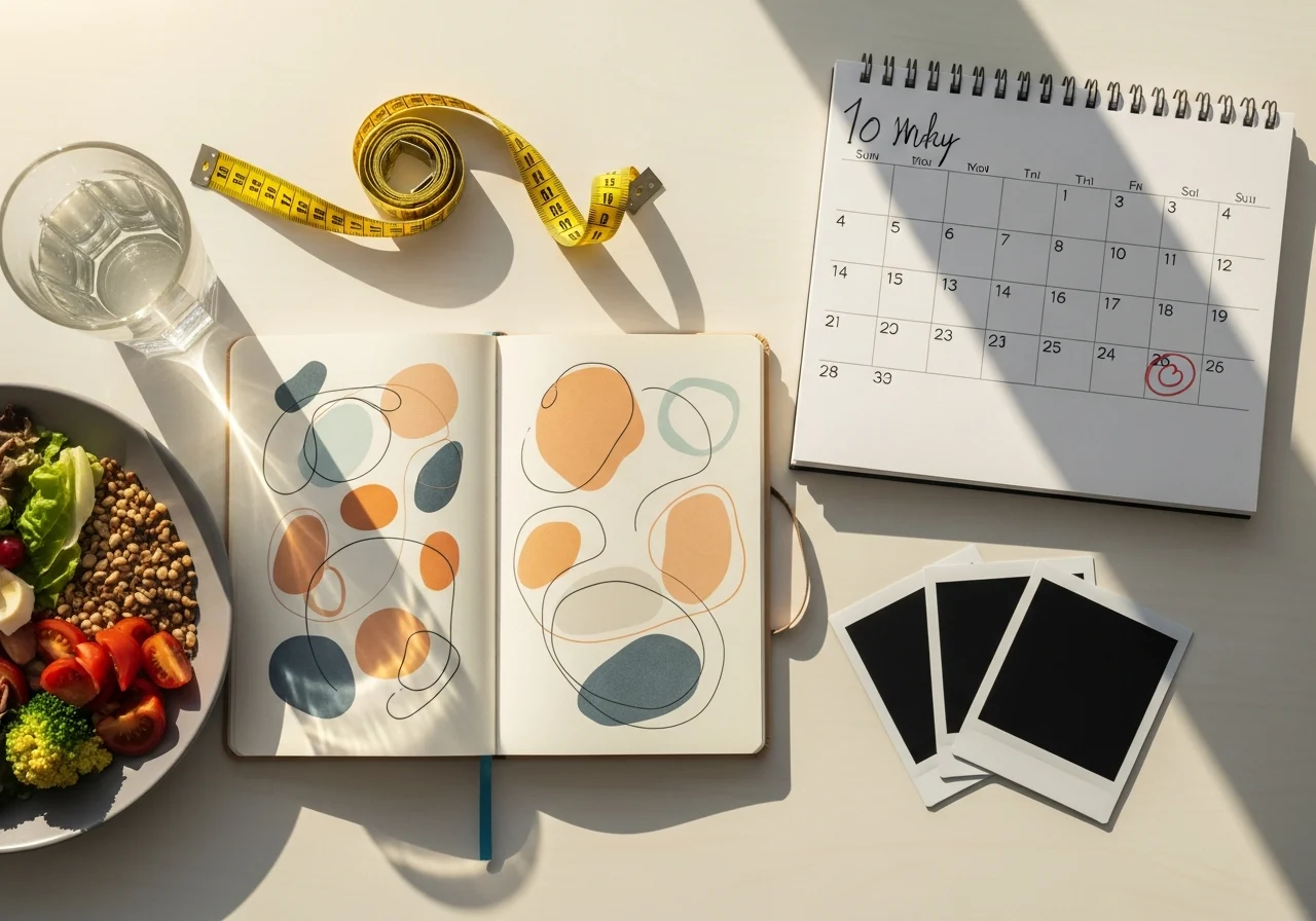 Organized workspace with notebook, calendar, meal plate, and progress photos