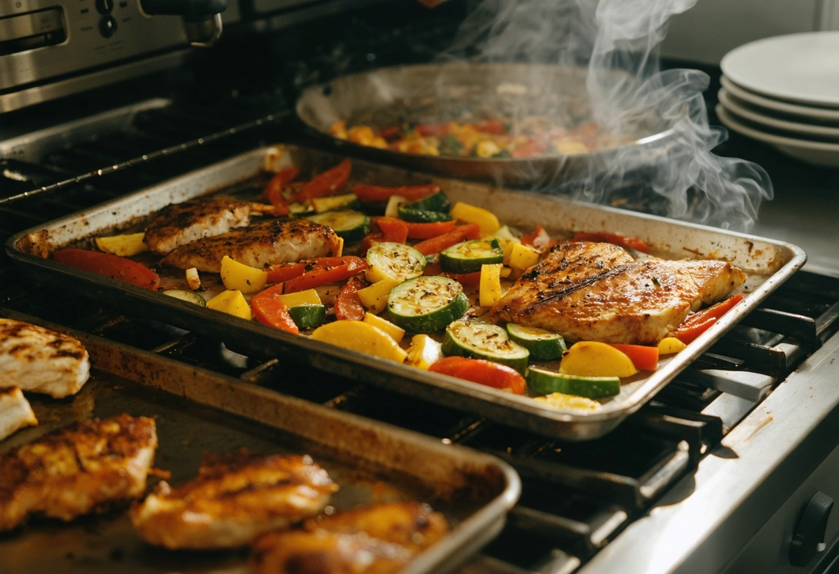 Home cook batch cooking vegetables and protein in an organized kitchen.