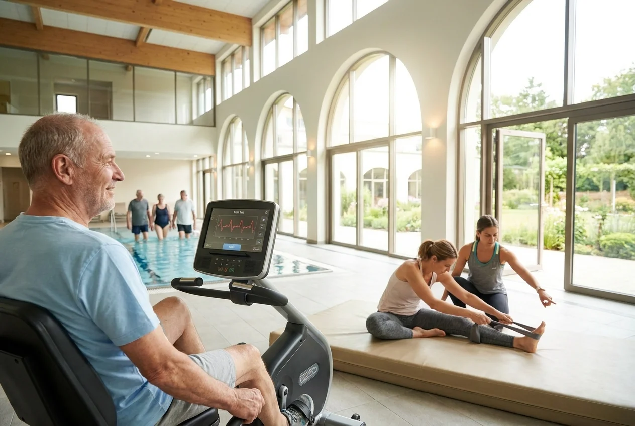 Patients engaged in personalized exercise routines at a bright wellness facility.