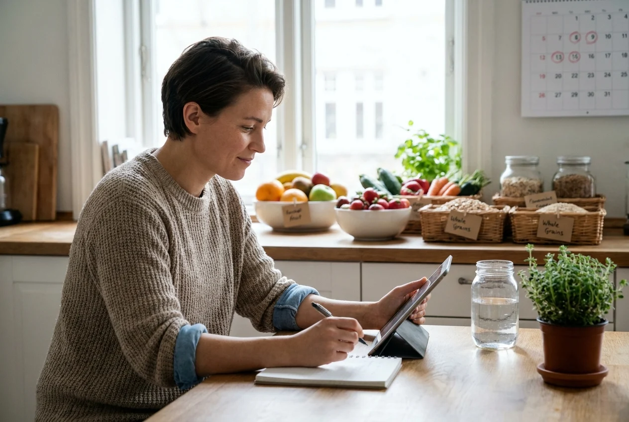 Person planning weight loss goals with fresh ingredients in a kitchen.