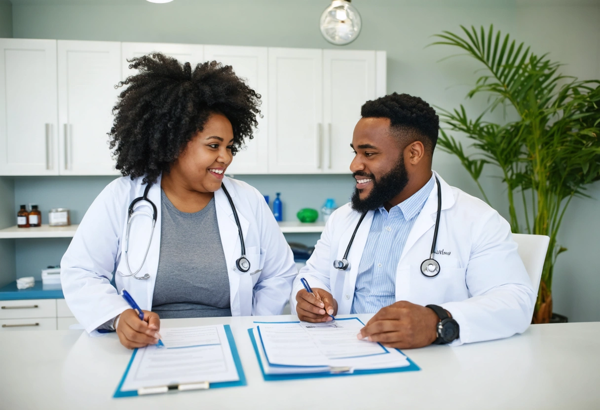 Physician and patient discussing medical records at a consultation table
