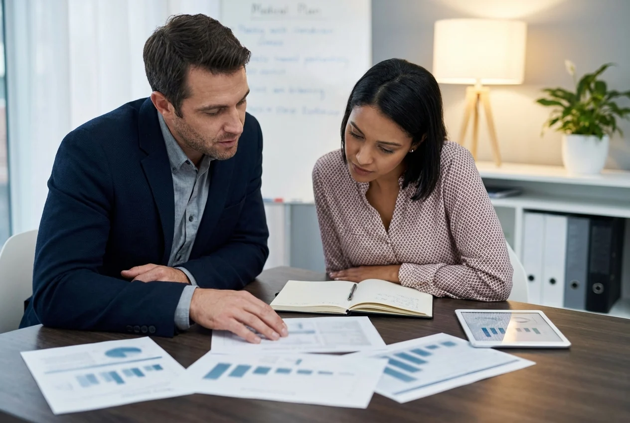 Clinician and patient reviewing charts over a conference table.