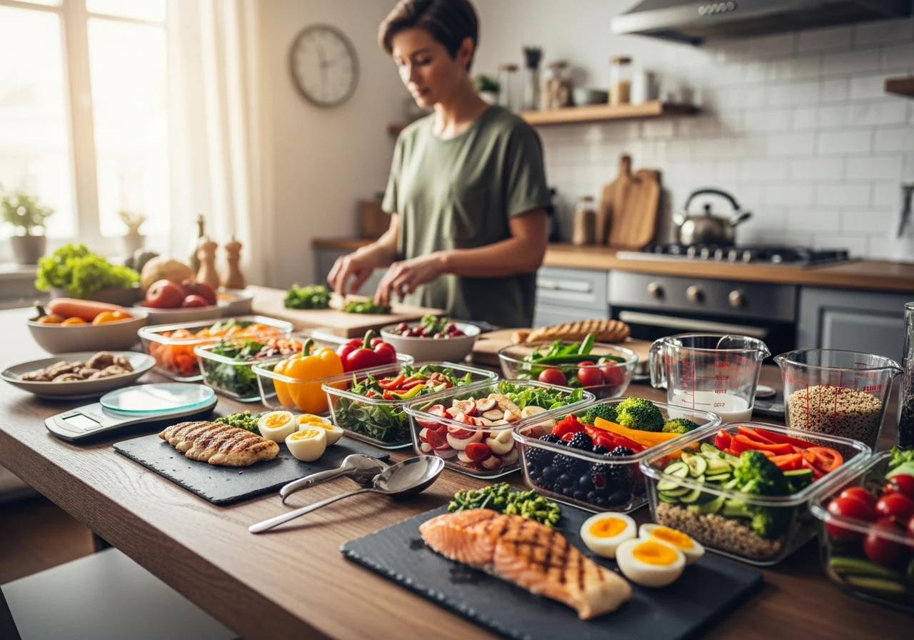 Organized kitchen table with colorful meal prep containers and produce