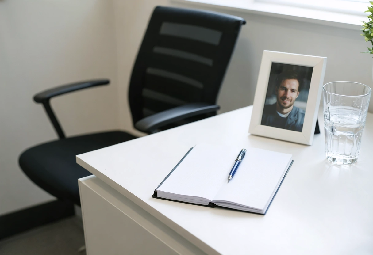 Professional clinic desk with notebook, pen, and clinician chair.